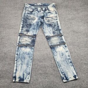 Trillnation Mens 36 Acid Wash Moto Biker Jeans Blue Ribbed Panel Zipper Detail